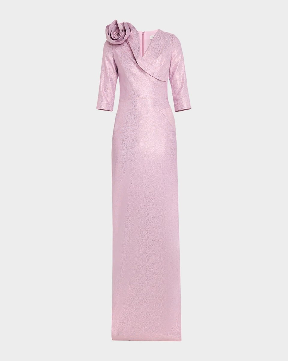 Applique Metallic Jacquard Column Gown